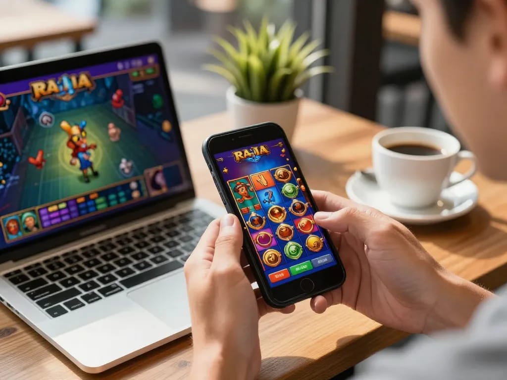 Suasana permainan mobile yang menarik dengan smartphone menampilkan permainan raja slot di sebuah kafe modern, menekankan keseruan bermain.
