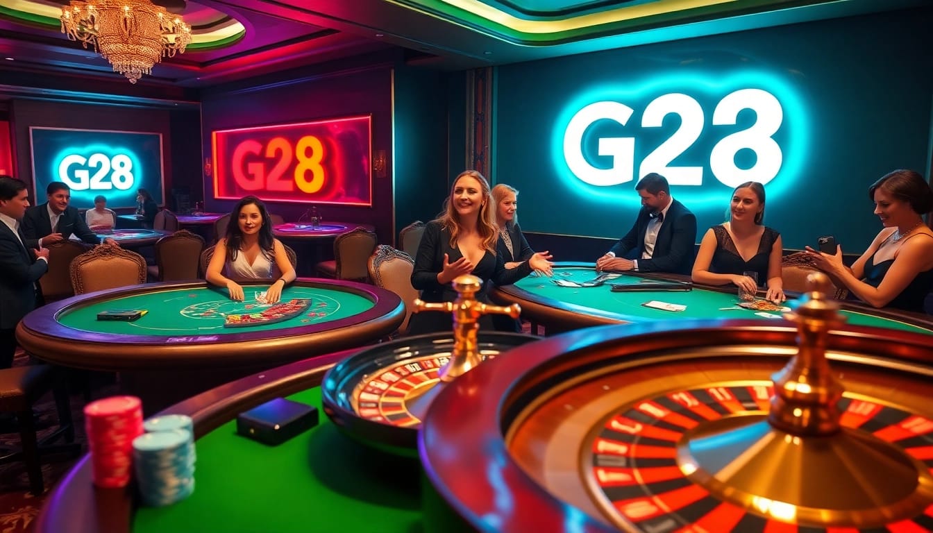 G28 casino experience featuring vibrant tables, poker chips, and exciting gameplay.