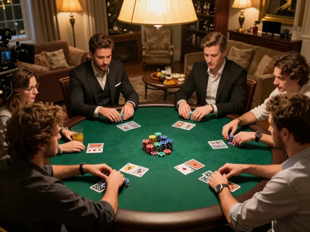 Bsport players engaged in a home poker game, showcasing strategy and excitement.