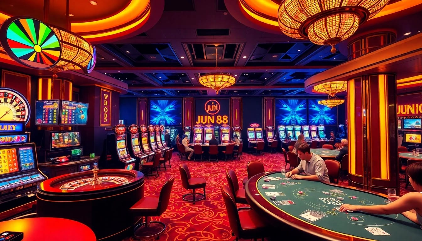 Experience the thrill of Jun 88’s online casino with vibrant gaming tables and exciting slot machines.
