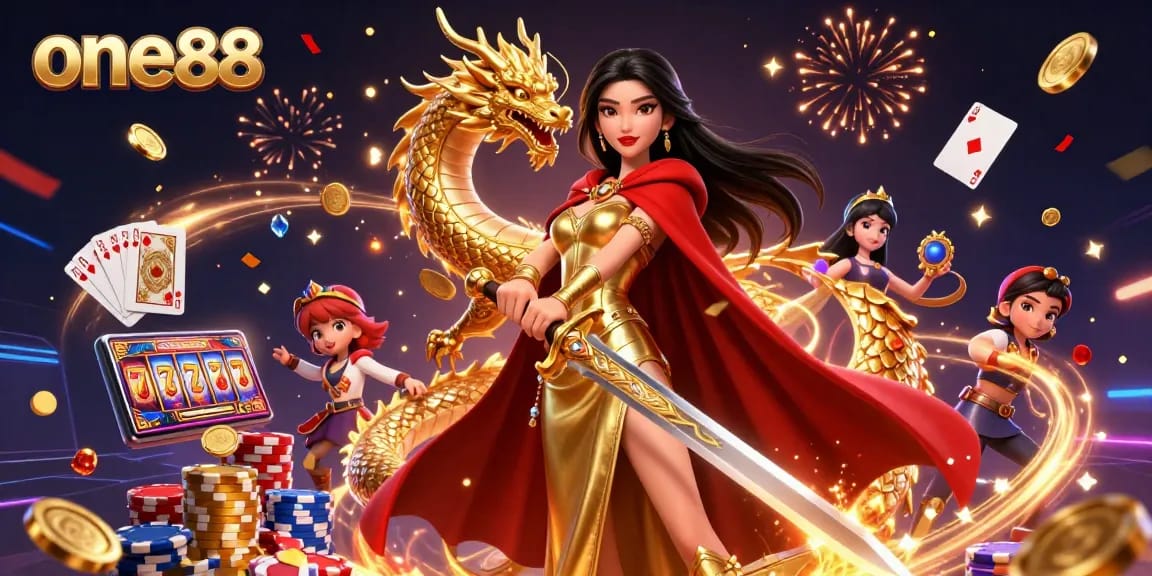 Experience the thrill at one88 with an Asian warrior queen amid cascading coins and poker chips.
