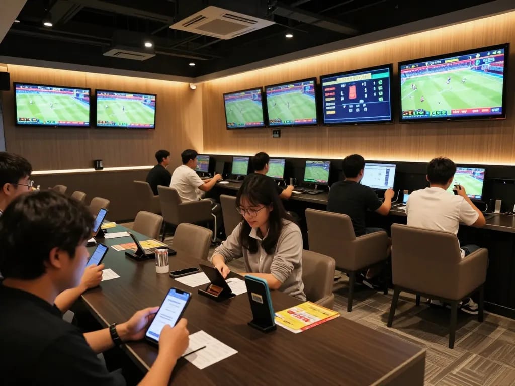 Exciting sports betting scene with bettors analyzing kèo nhà cái odds on screens and apps.