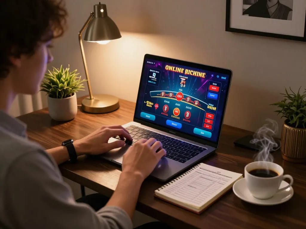 Engaging in online gambling with 23winn on a stylish laptop setup showcasing live dealer games.