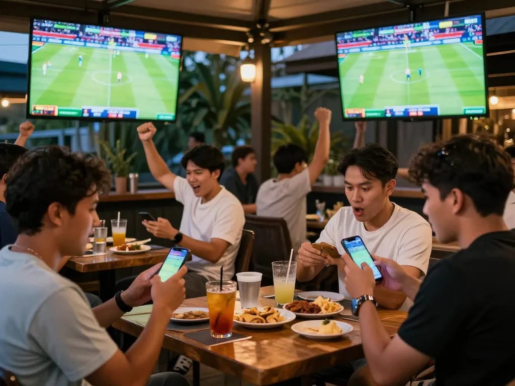 Sports fans engaging with kèo nhà cái while cheering at a lively outdoor bar