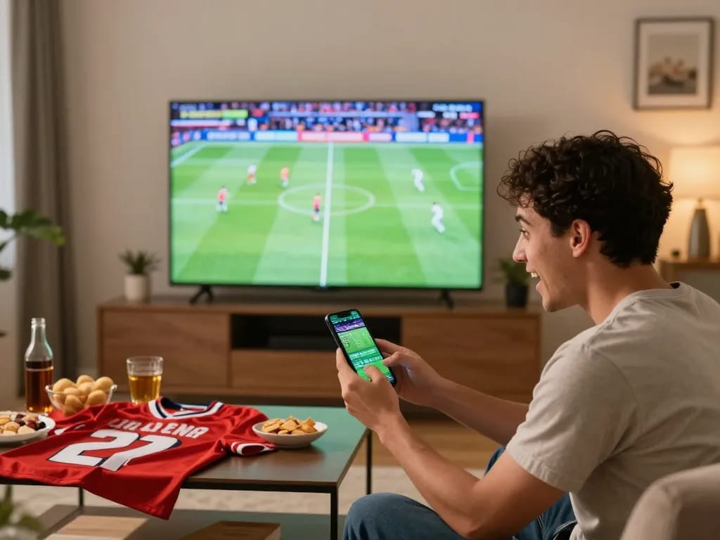 Betting enthusiast using BJ88 app on smartphone during a live sports match at home.