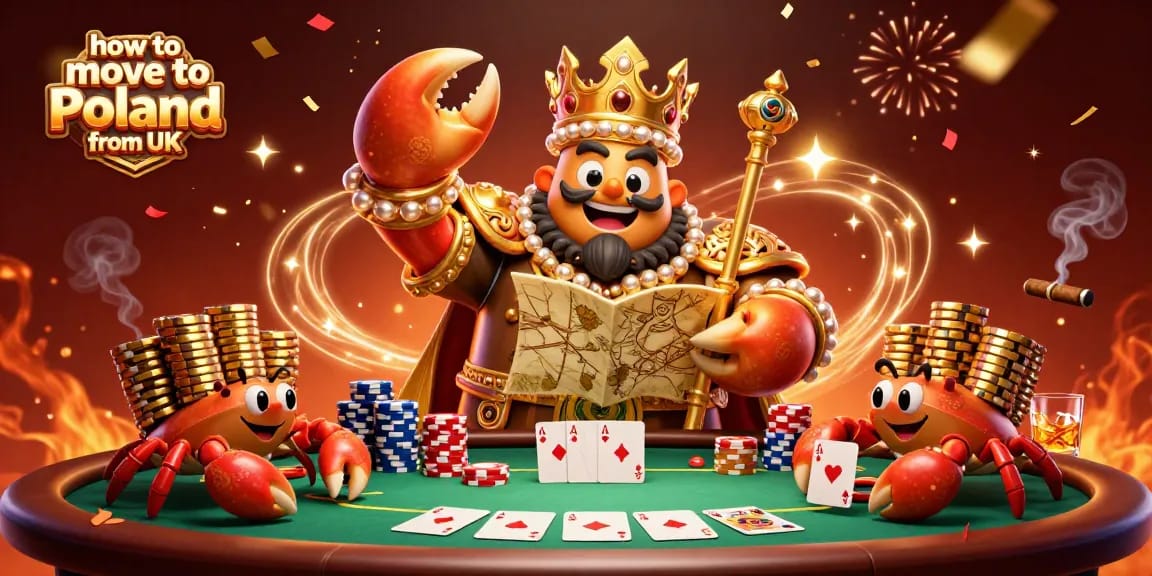 Experience how to move to Poland from UK with a winning poker strategy illustrated by a golden crab emperor.
