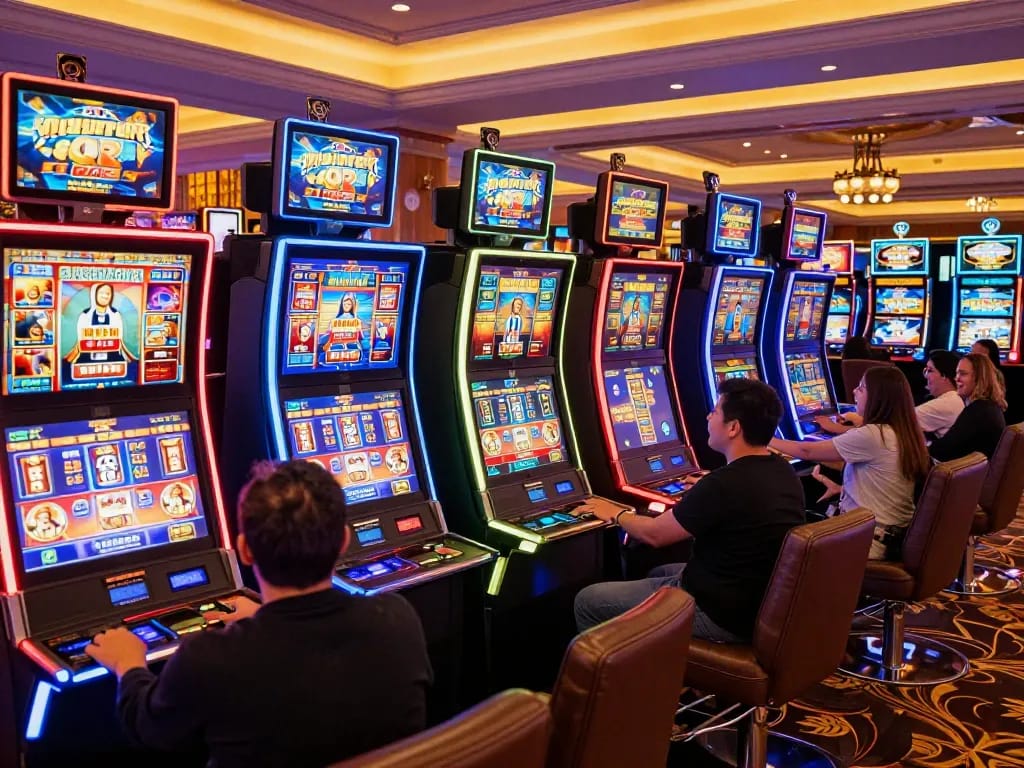 Players enjoying vibrant slot machines at TG88 casino, celebrating wins amidst a colorful gaming atmosphere.