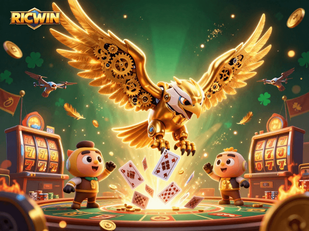 Engage in thrilling gaming with RICWIN, featuring a captivating 3D casino illustration.