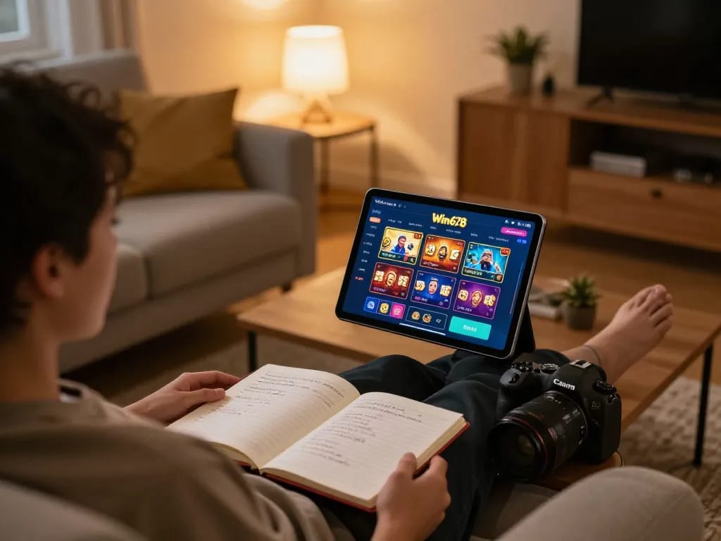 Engaging gaming experience on Win678 platform using tablet at home, showcasing a relaxed setup.