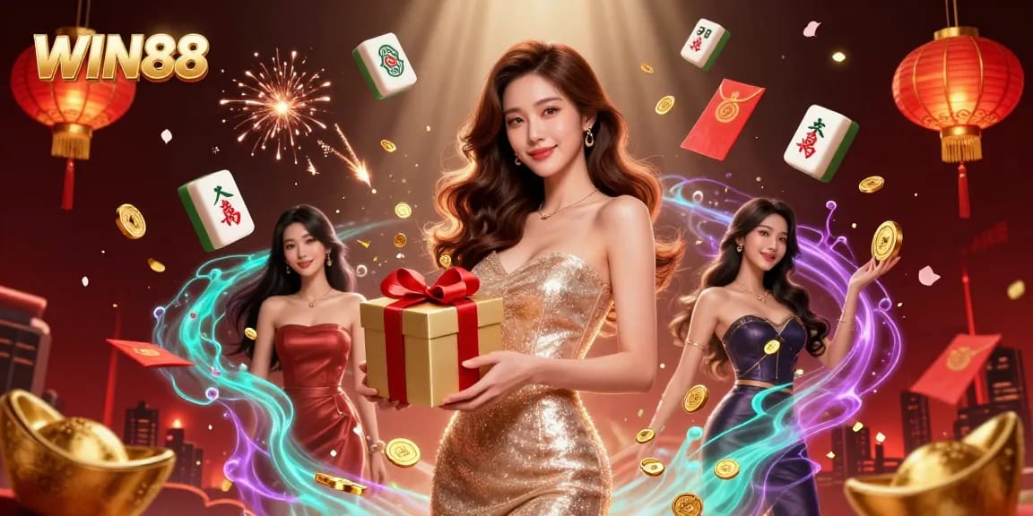 Experience WIN88's festive atmosphere with a welcoming casino scene featuring gold coins and celebratory elements.