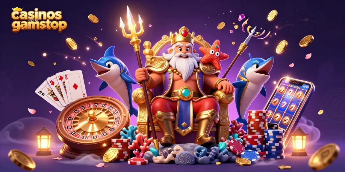 Win big at casinos not on gamstop with cartoon Neptune and vibrant casino elements.