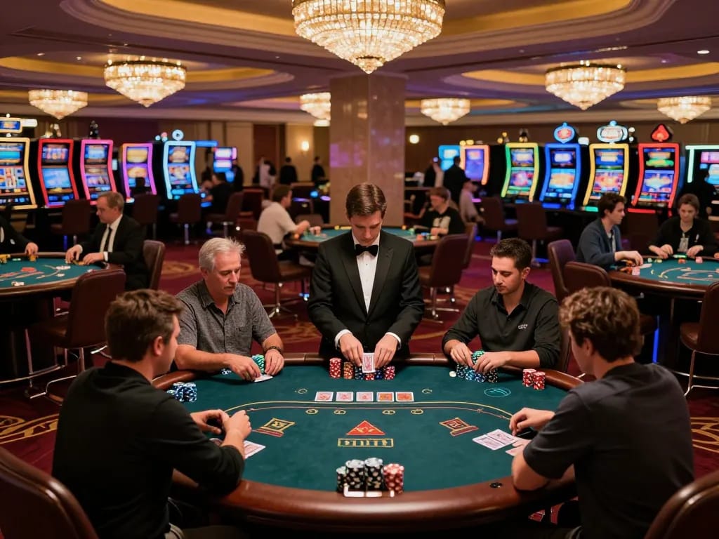 Players strategizing at 789WIN poker tables in a vibrant casino atmosphere with engaging fun.