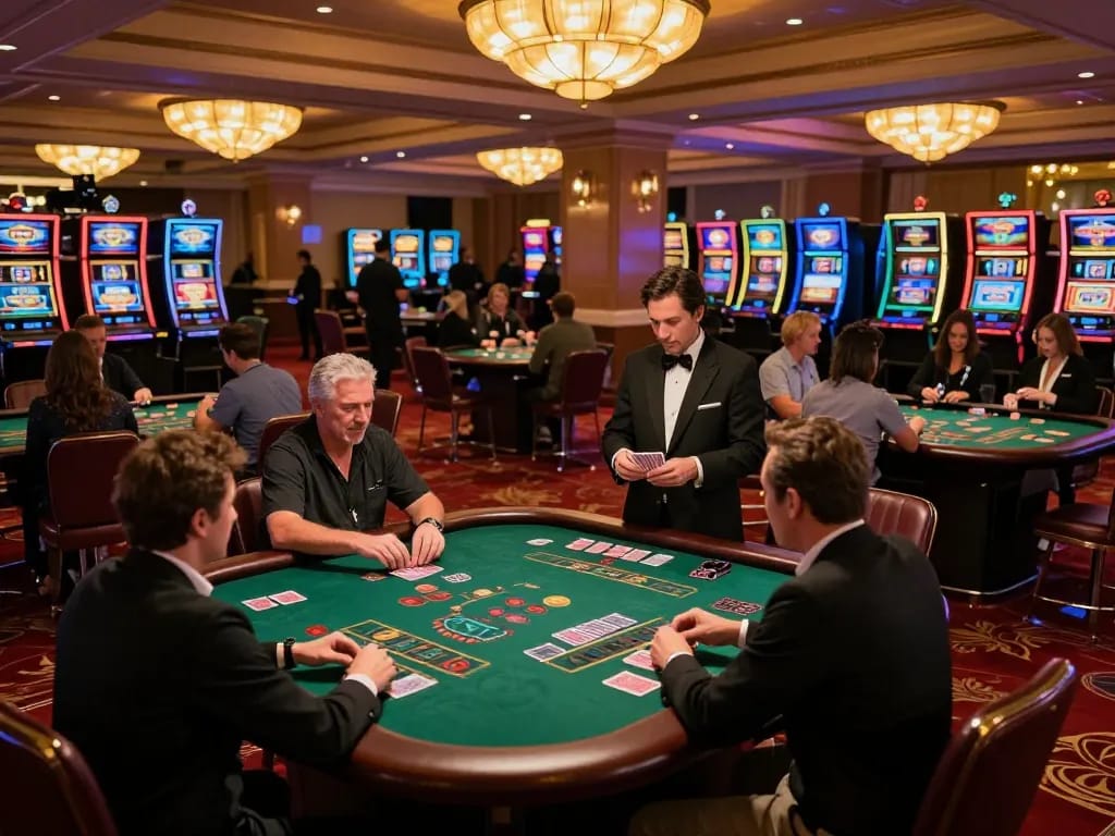 Players at a go88 blackjack table making strategic bets in a vibrant casino atmosphere.