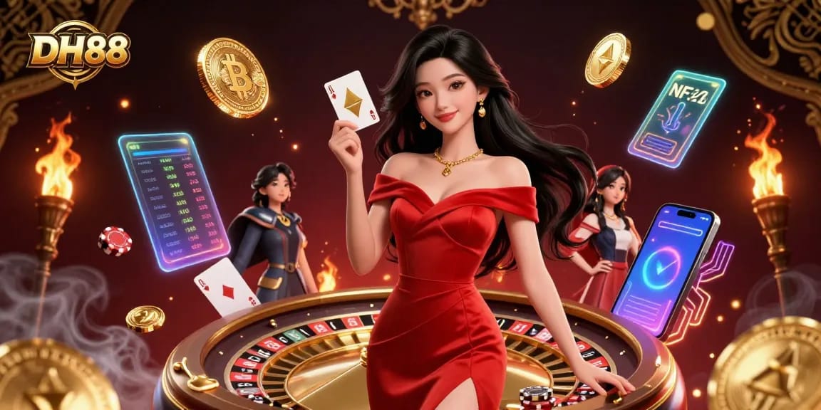 Experience the thrill of DH88 with a glamorous young Asian woman at the roulette wheel, showcasing vibrant gambling elements.