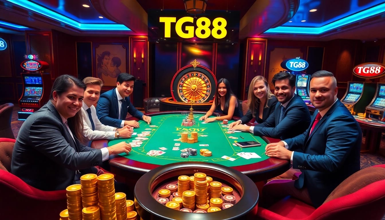 Gamblers enjoying a high-stakes poker game at TG88 casino with vibrant lighting.