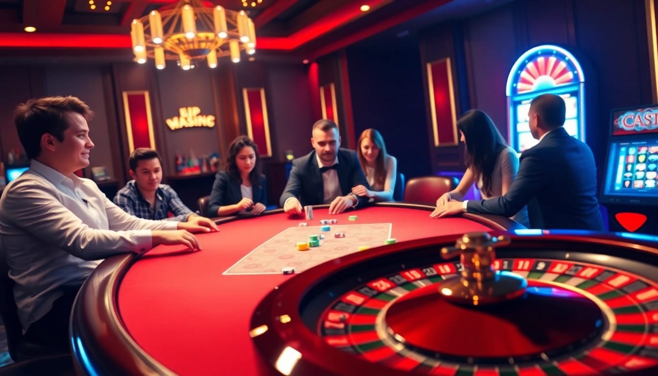 Iwin casino scene with players enjoying poker, vibrant roulette wheel, and glowing slot machine.