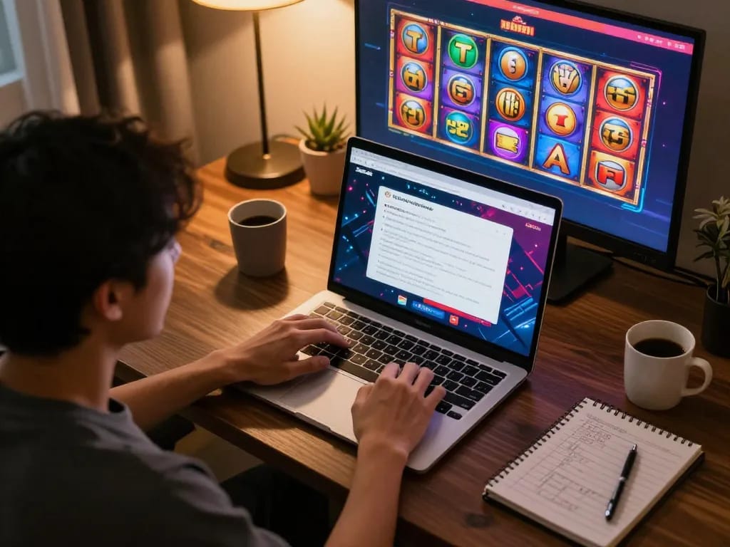 Engage in online gaming with link sungaitoto, showcasing a focused player at a laptop betting.