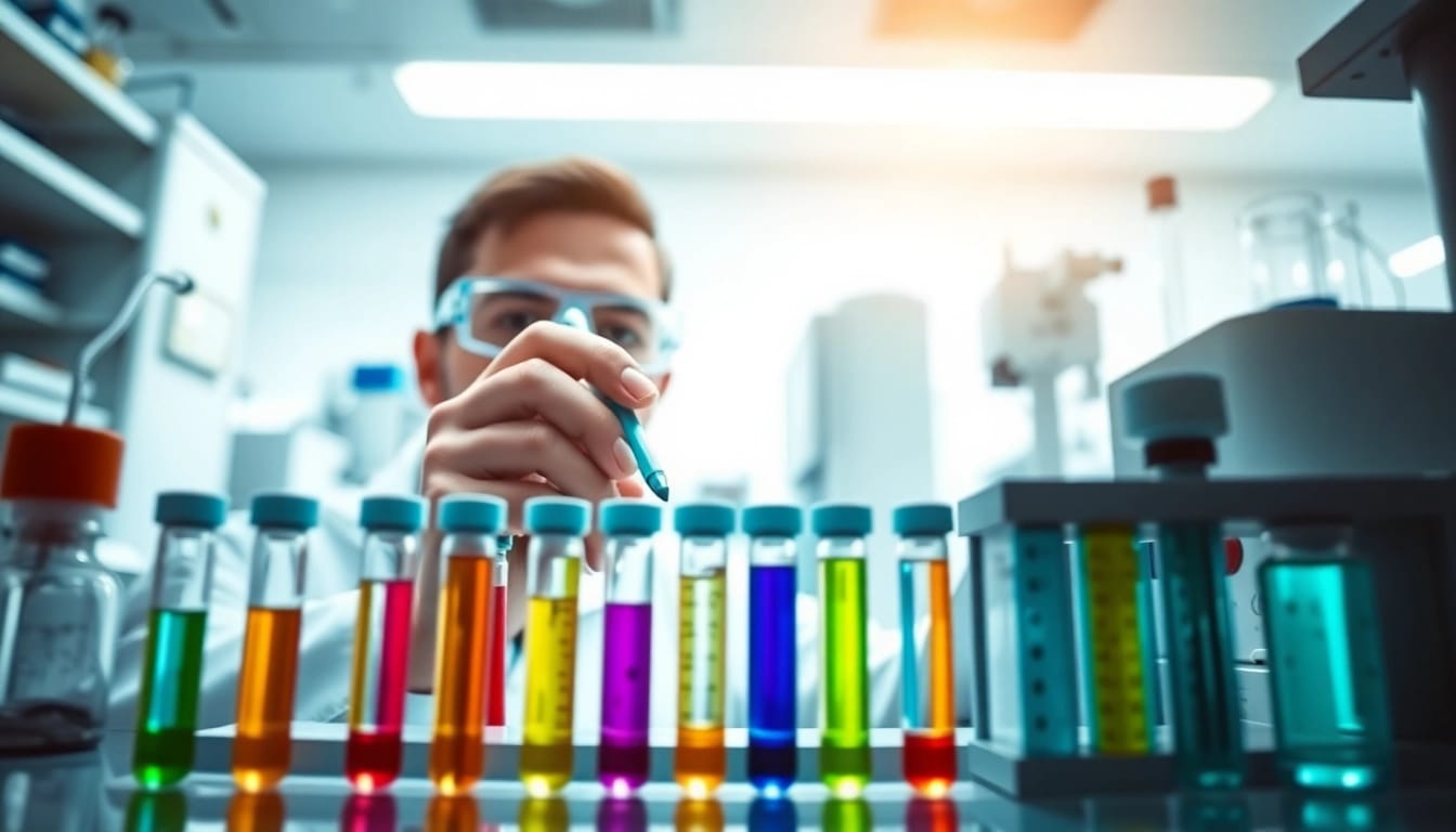 Exploring Peptides in a modern laboratory with an expert analyzing colorful samples.