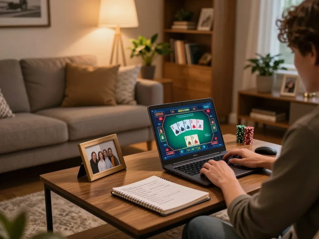 Player engaging in online casino gaming at home with ATQ af88 interface displayed on laptop.