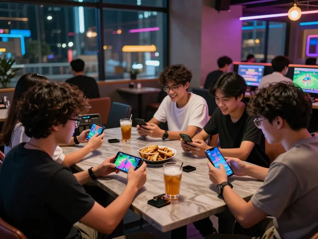 Friends enjoying S666 mobile gaming experience in a vibrant lounge atmosphere.