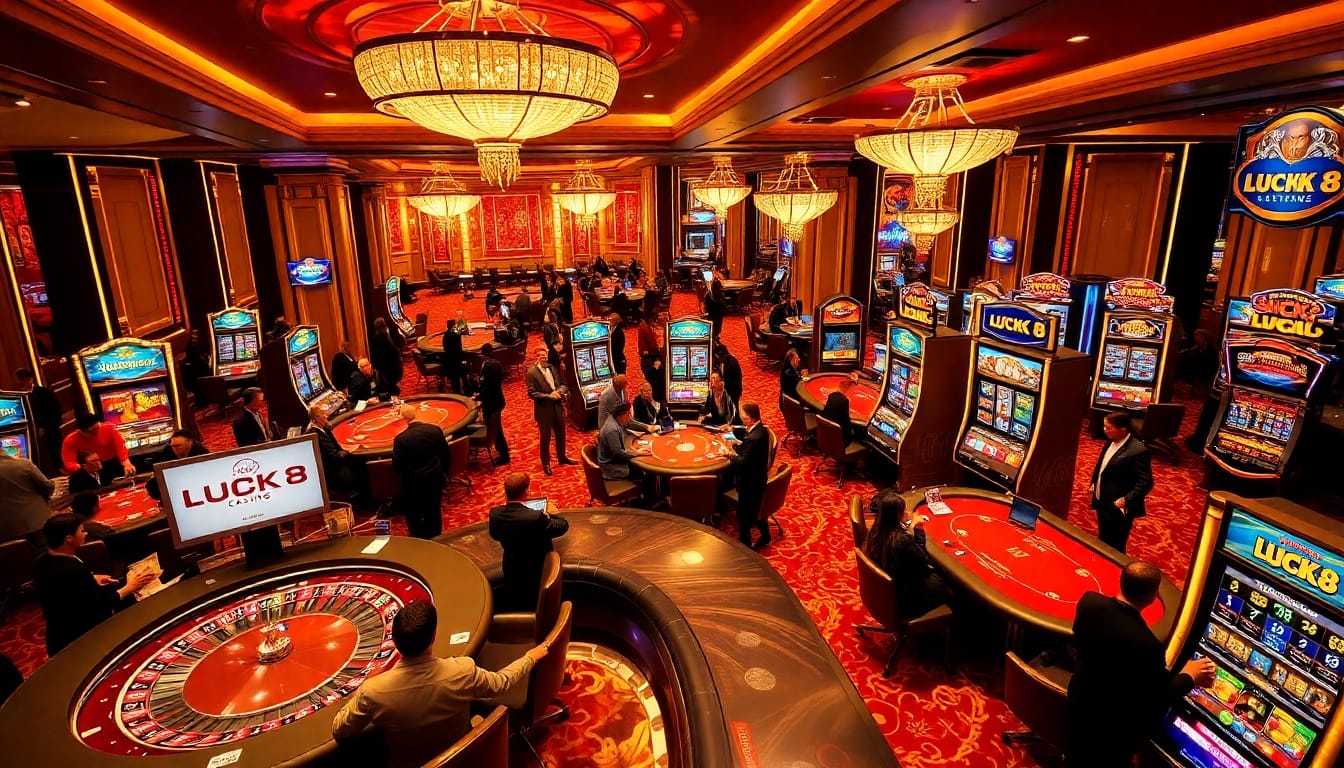 LUCK8 casino scene with players at roulette and slot machines in an upscale environment.