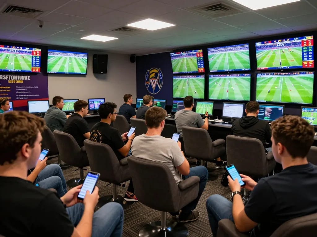 Tỷ lệ bóng đá hôm nay showcased as enthusiastic bettors engage in live betting at a sports lounge.