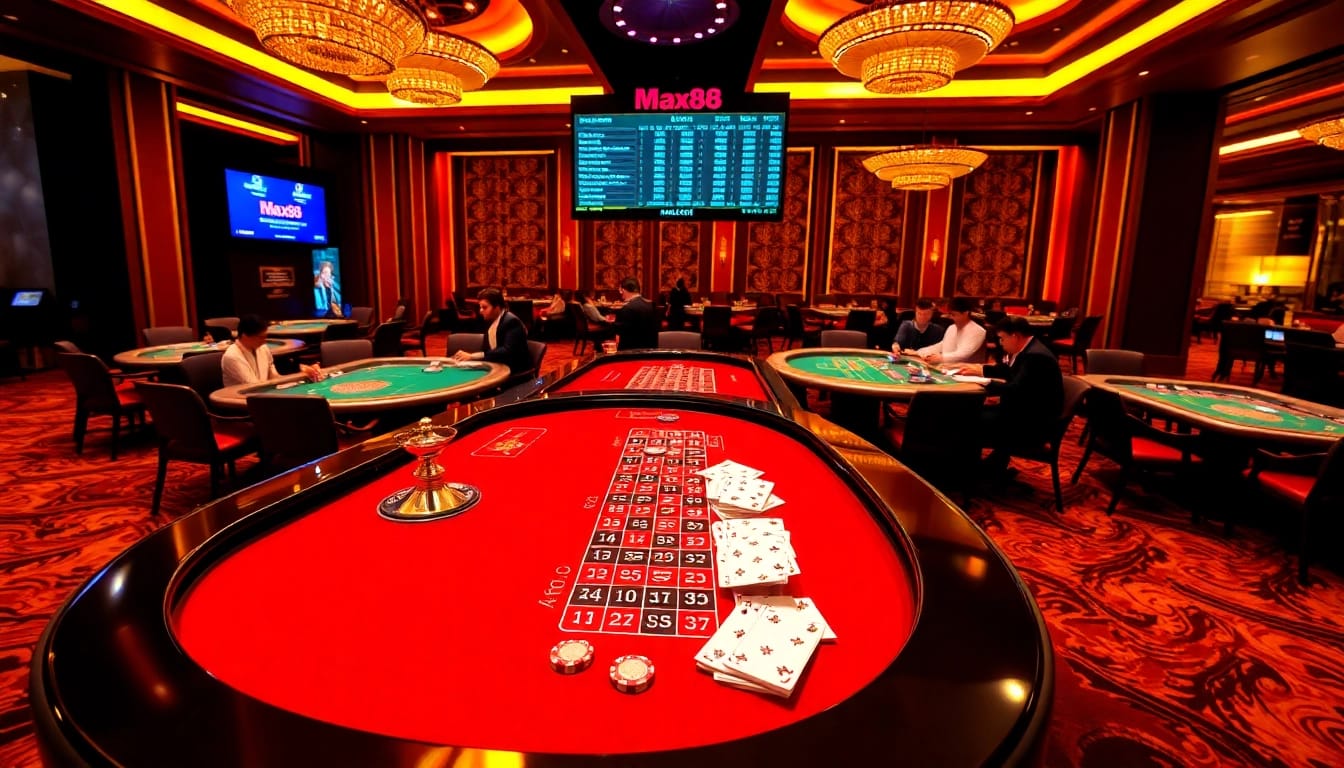 Max88 gaming table with roulette and poker chips in a vibrant casino scene