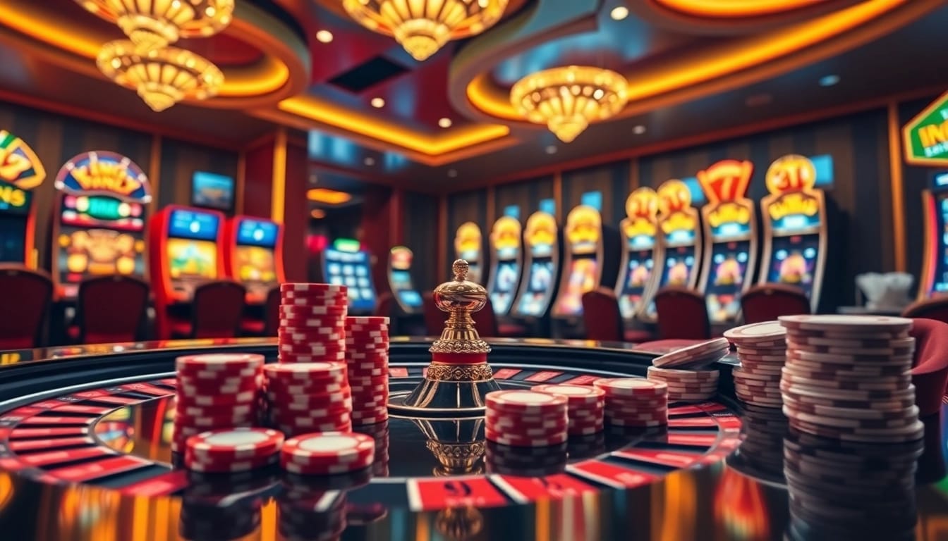 Exciting casino action at King79 with poker chips and shining slot machines.