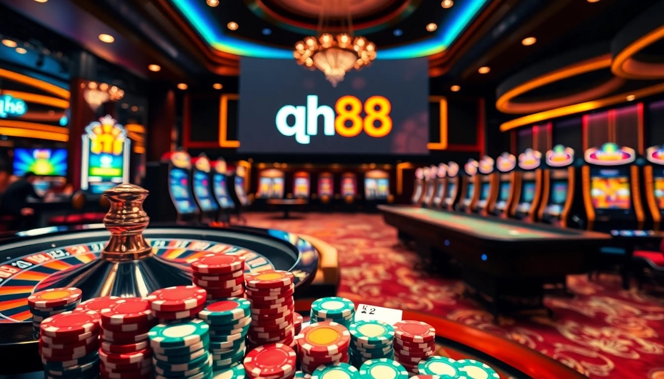 Experience excitement at qh88 casino with luxurious tables, vibrant roulette wheels, and colorful poker chips.