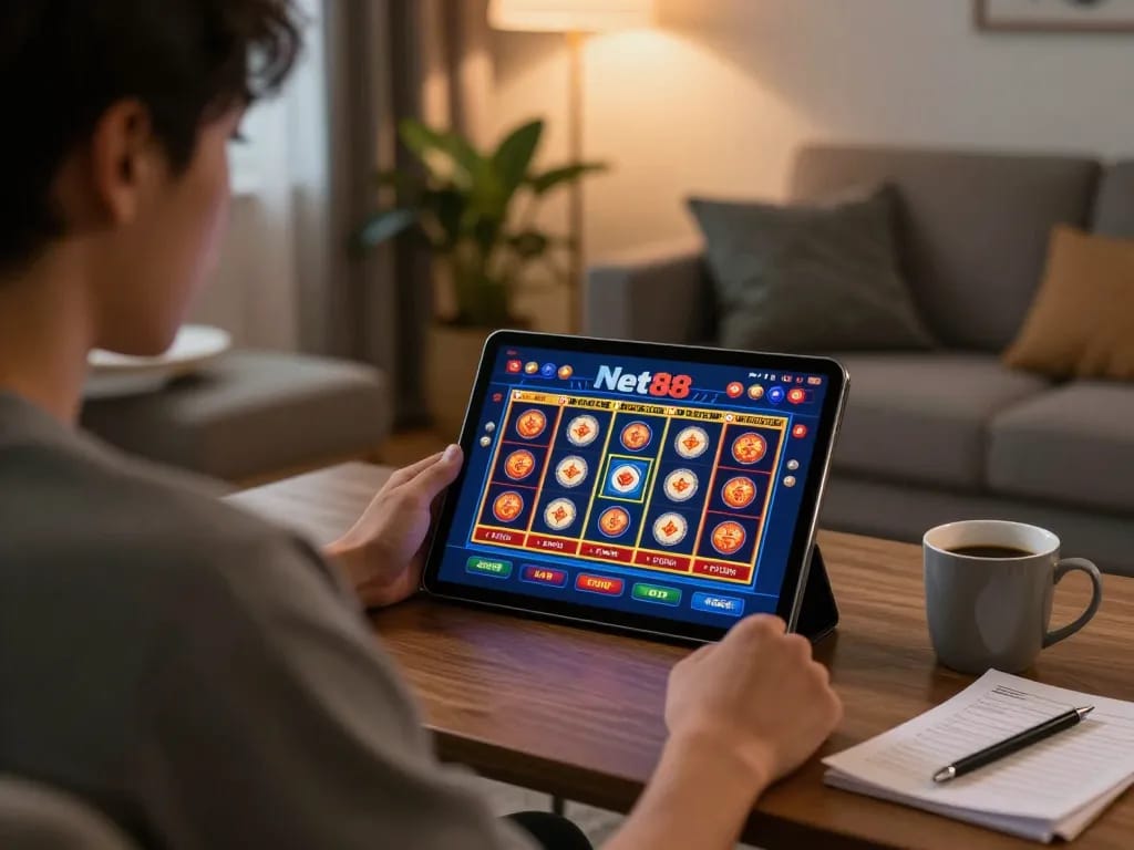 Engaging in slot games at Net88 online casino, enjoying a cozy home atmosphere.