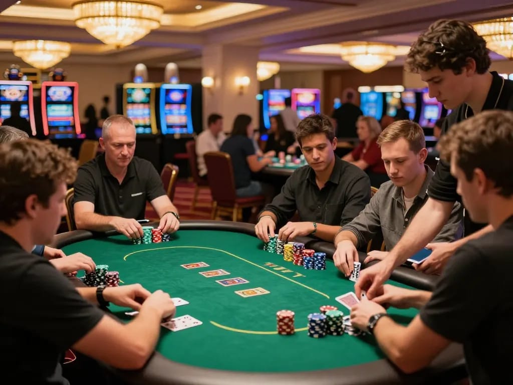 Players enjoying a poker game at QQ88's luxurious casino tables, showcasing expert gameplay.