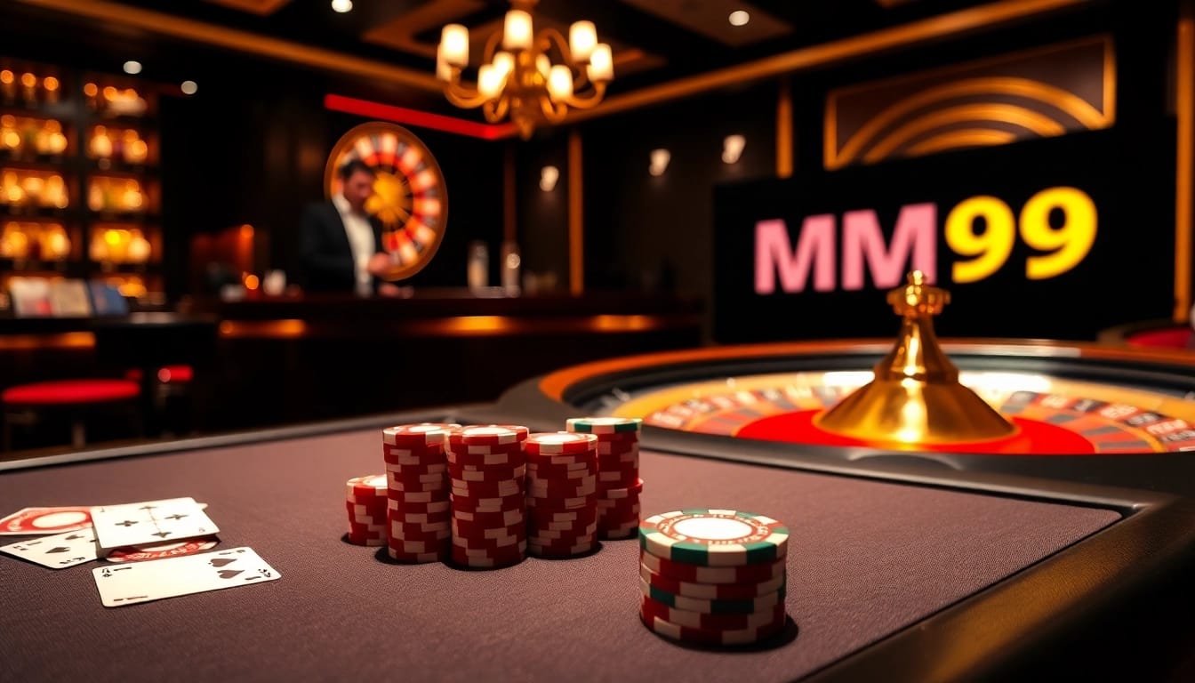 Players engaging in thrilling poker at MM99 casino with vibrant chips and cards.