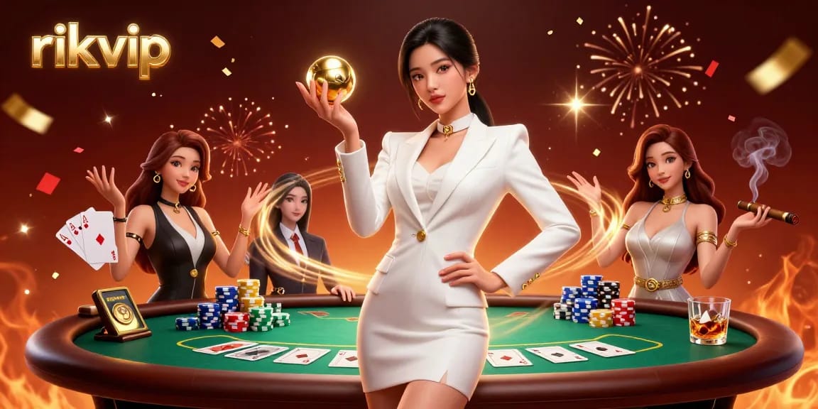 Experience thrilling gaming at rikvip with a stunning Asian dealer amidst vibrant casino elements.