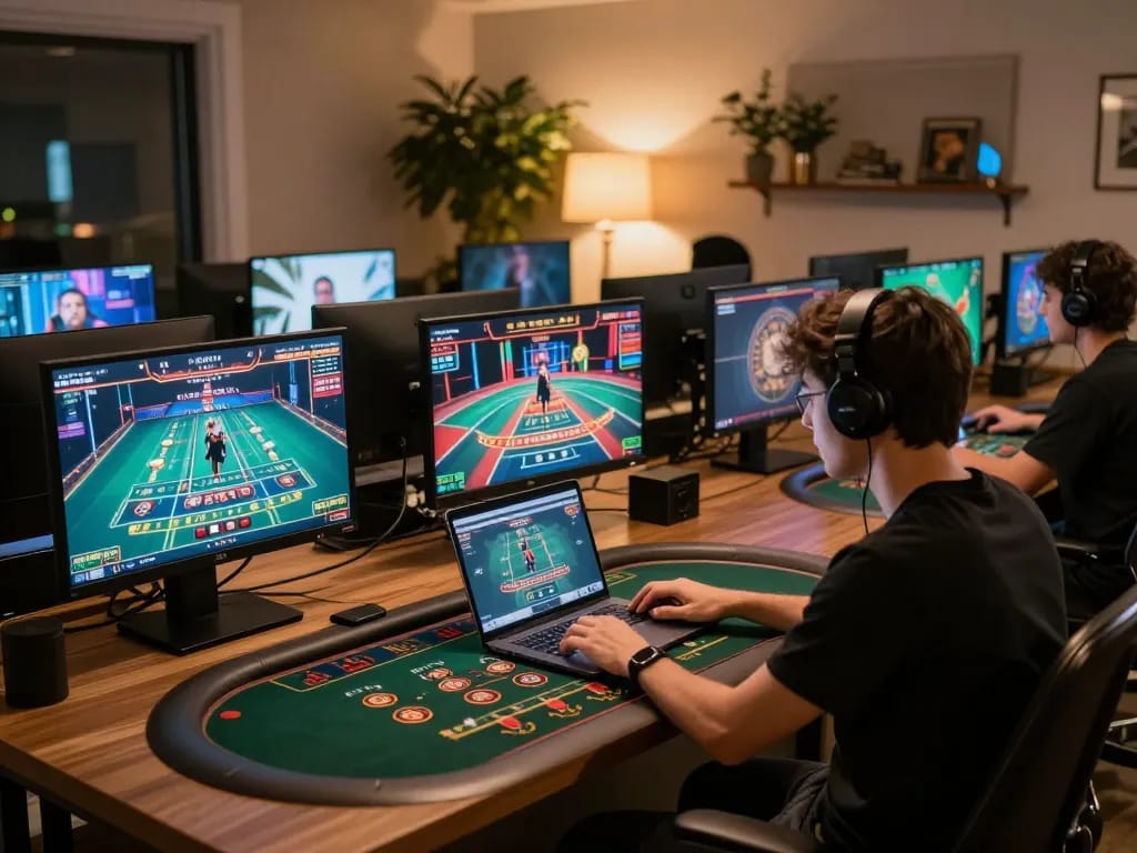 Player engaging with 32win online casino games on laptop, showcasing the excitement of live dealer gameplay