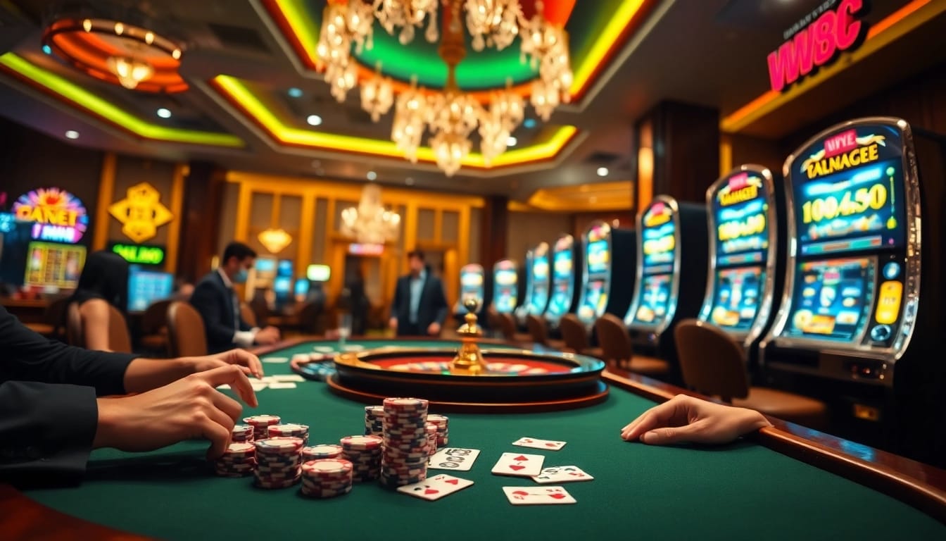 Engaging players at WW88 strategizing over casino tables with vibrant slot machines.