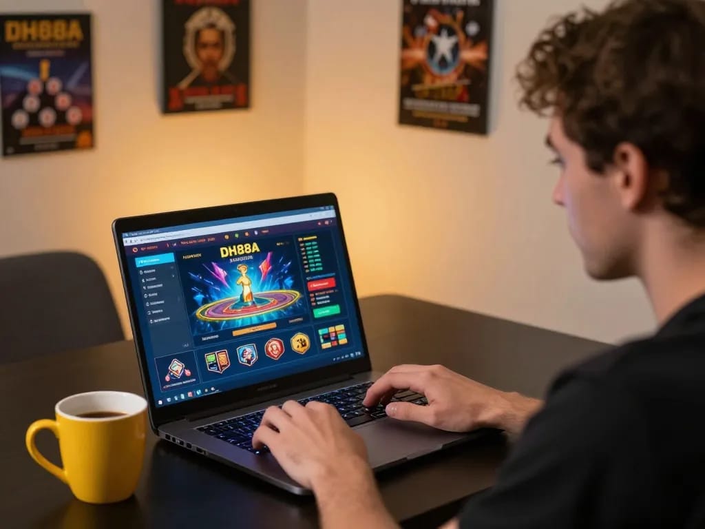 player engaging with DH88A online casino on laptop in cozy setting