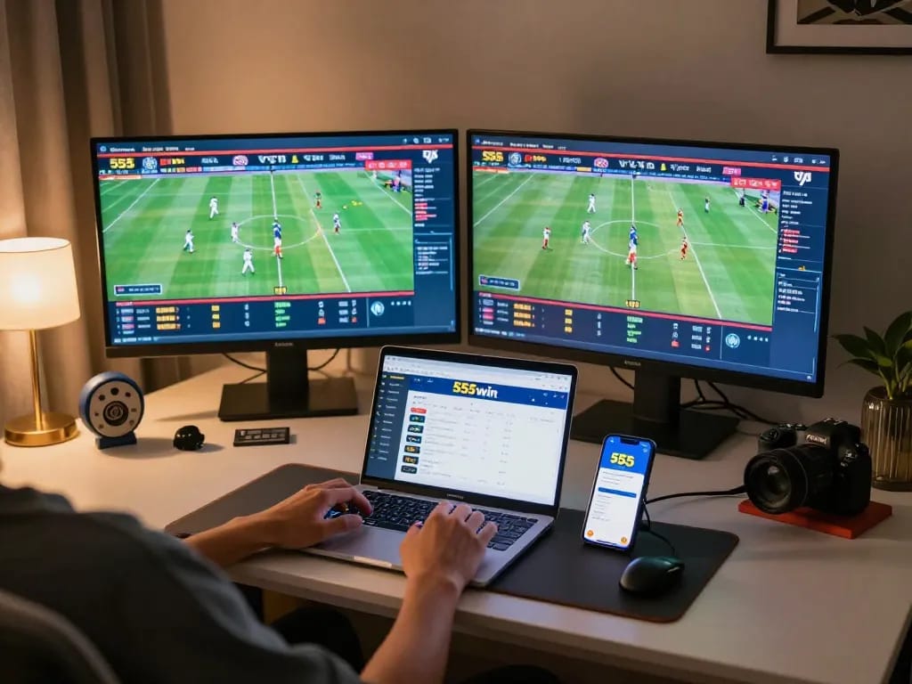 Engaging in sports betting on 555win app in a cozy home setting.
