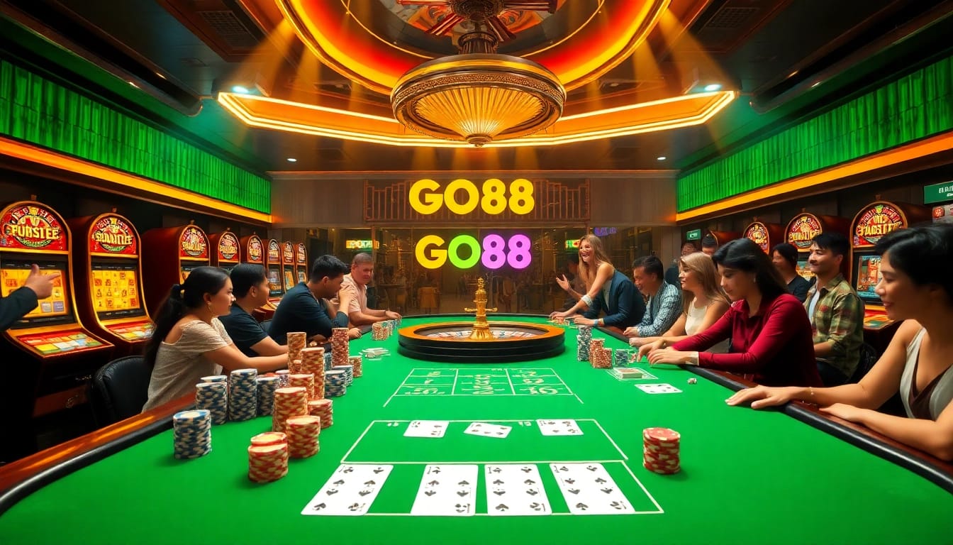 Players enjoy thrilling games at the GO88 casino, with vibrant slot machines and poker chips in play.