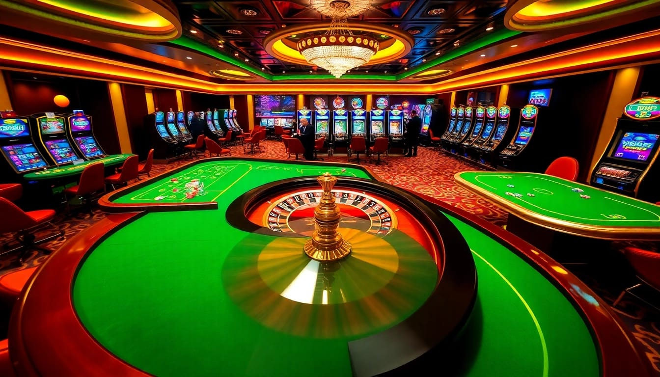 Experience the thrill of gambling at 789fclub with a vibrant casino scene featuring roulette wheels and poker chips.