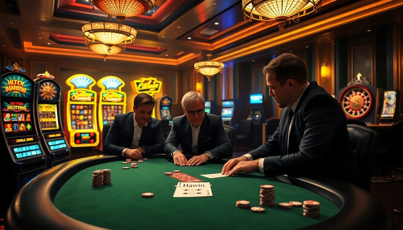 Experience the excitement of Haywin's high-stakes poker game surrounded by vibrant casino elements.