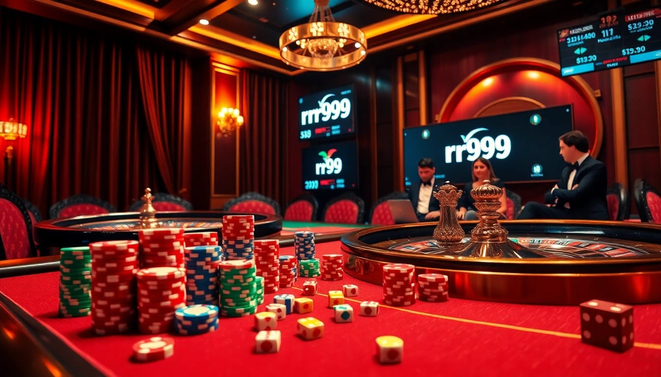 Experience the thrilling action of rr99 at a high-stakes casino table with poker chips and vibrant dice.