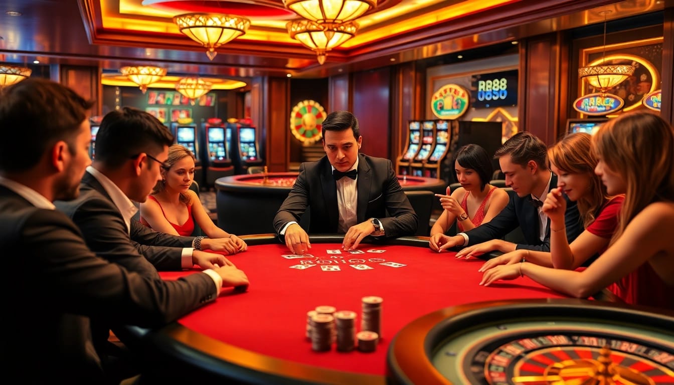 Players strategize at a high-stakes RR88 poker table, capturing the thrill of casino gaming.