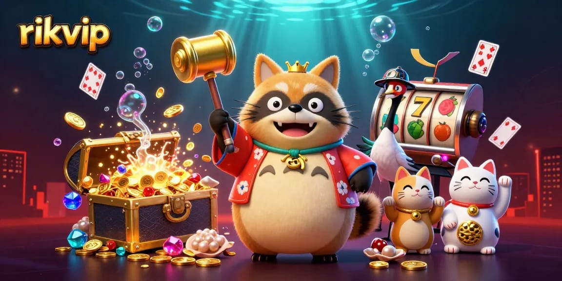Experience the excitement of rikvip with a vibrant 3D scene showcasing a lucky tanuki and illuminated game elements.