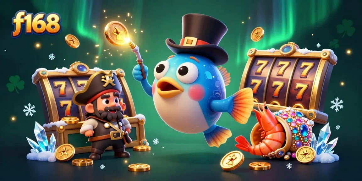 Spin to win with f168, featuring cheerful marine characters amidst colorful casino visuals.