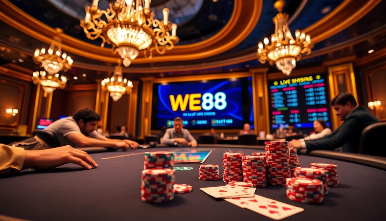 WE88 players enjoying a vibrant casino experience at a professional poker table with exciting gameplay.