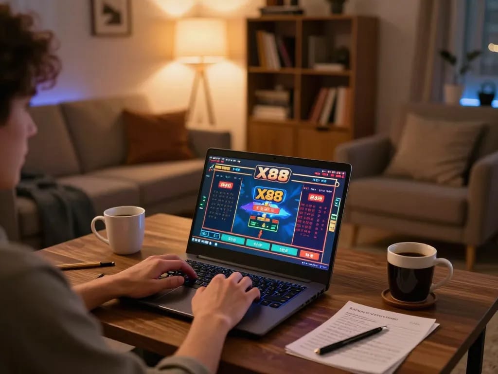 X88 online gaming session with user engaged in casino games on laptop, showcasing a cozy and inviting atmosphere.