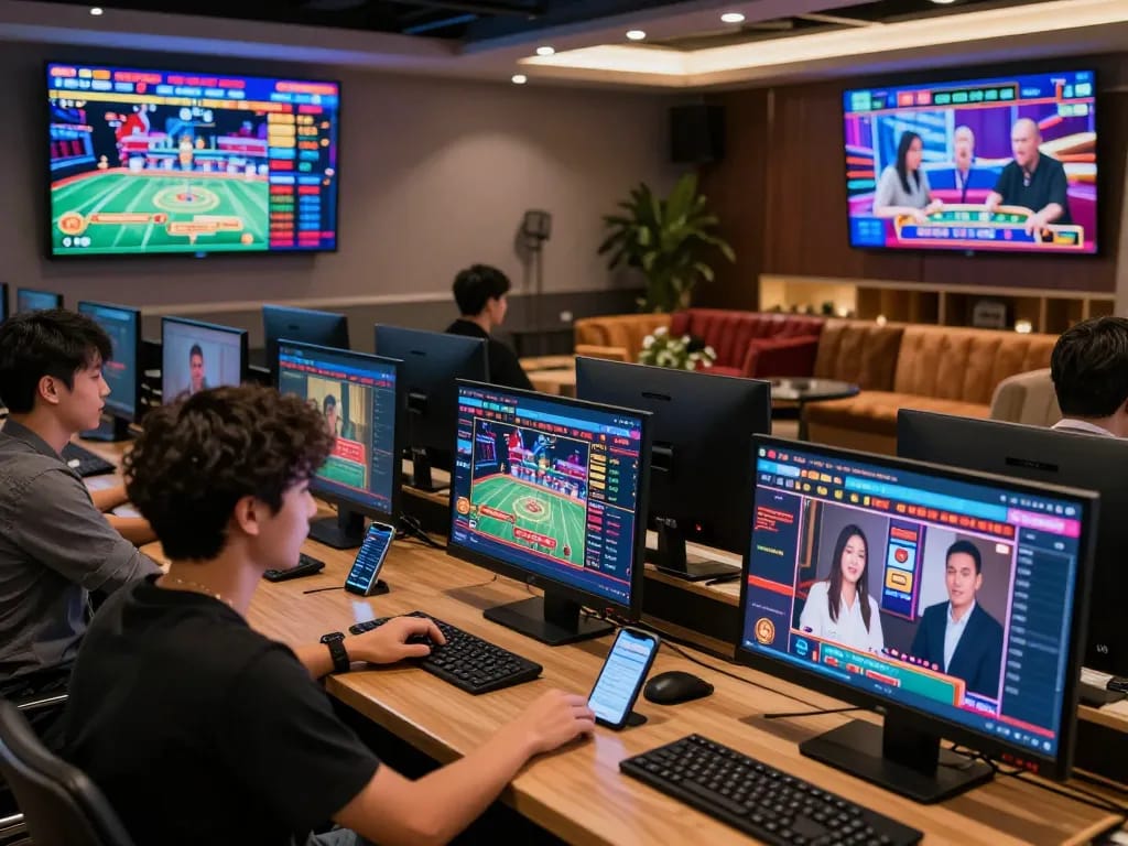 Players enjoying diverse games at a trusted online gambling platform, showcasing the vibrant and engaging environment of a nhà cái uy tín.