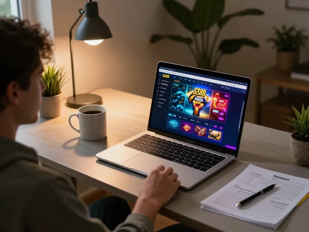 Player navigating SC88 online casino on laptop, showcasing engaging gaming action and comfortable home setting