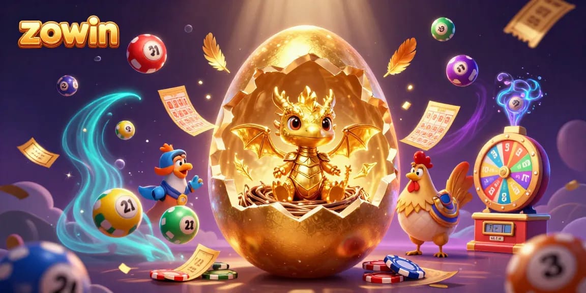 Zowin introduces a dazzling scene with a golden dragon, poker chips, and lottery elements amidst vibrant gaming action.