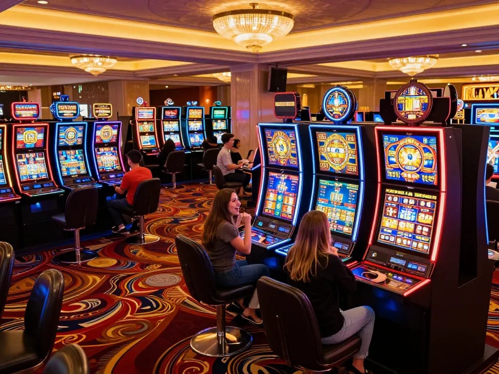 FLY88 players celebrating wins on colorful slot machines in a vibrant casino atmosphere.